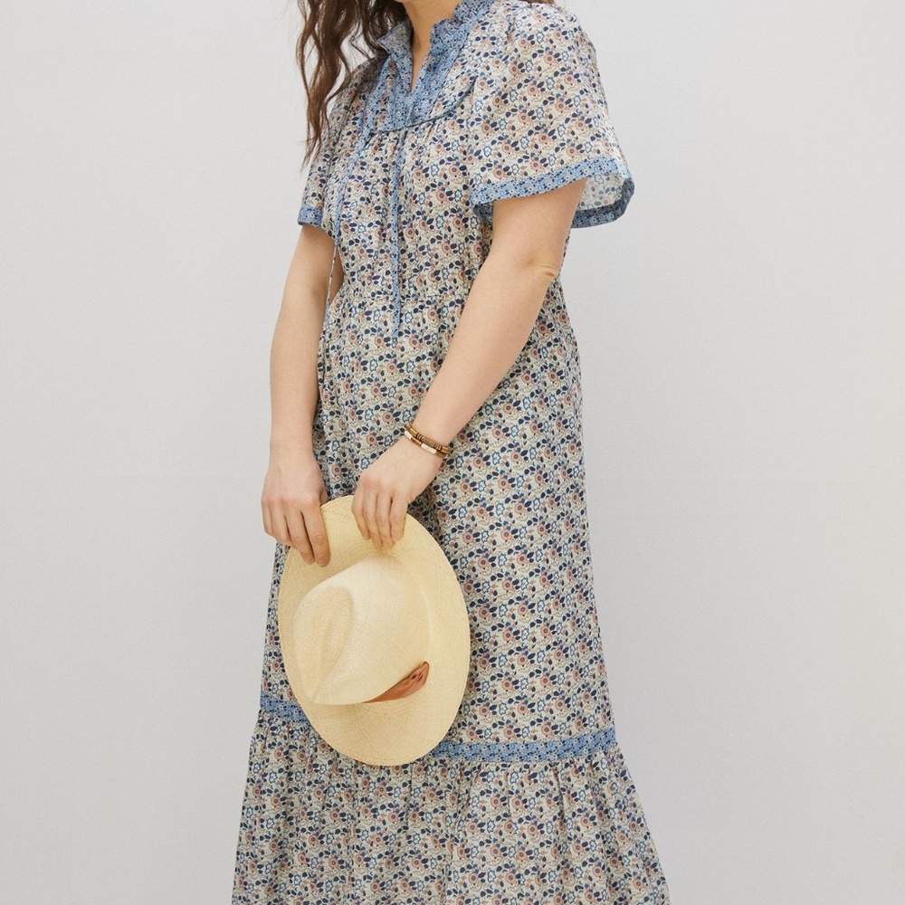 Anthropologie Othilia Titania Flounced Maxi Dress Blue Floral Motif Size Medium